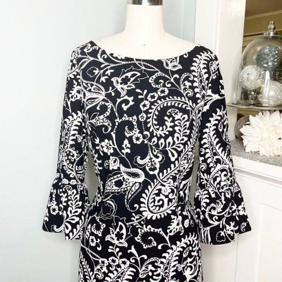 Talbots Black & White Floral Flounce Sleeve Shift Dress 4 Small - Picture 4 of 12